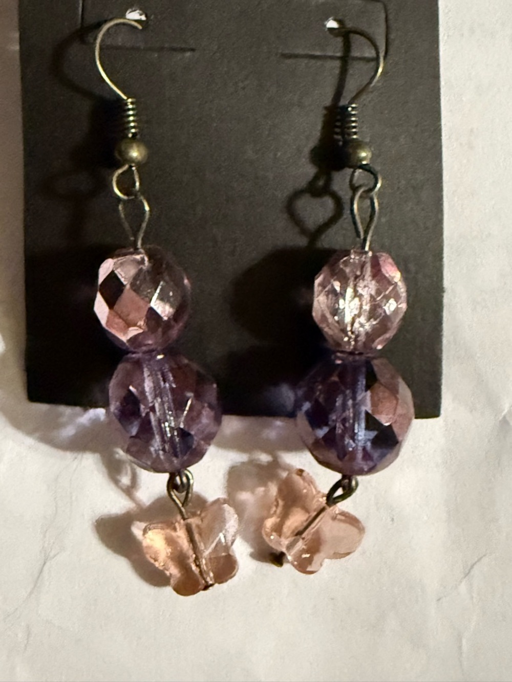 Purple & Pink Faceted Czech Bead Drop Earrings with Butterfly Charms
